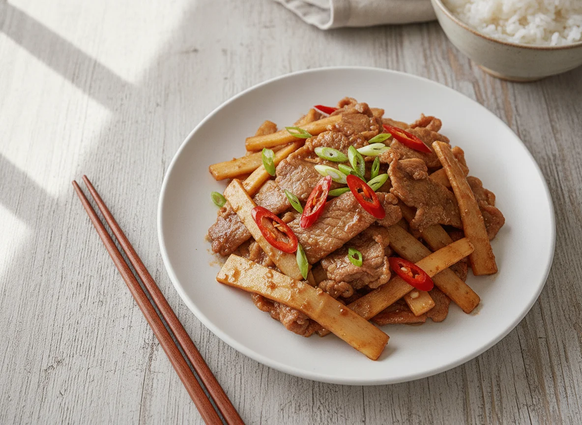 Stir-fried pork with bamboo shoots photo