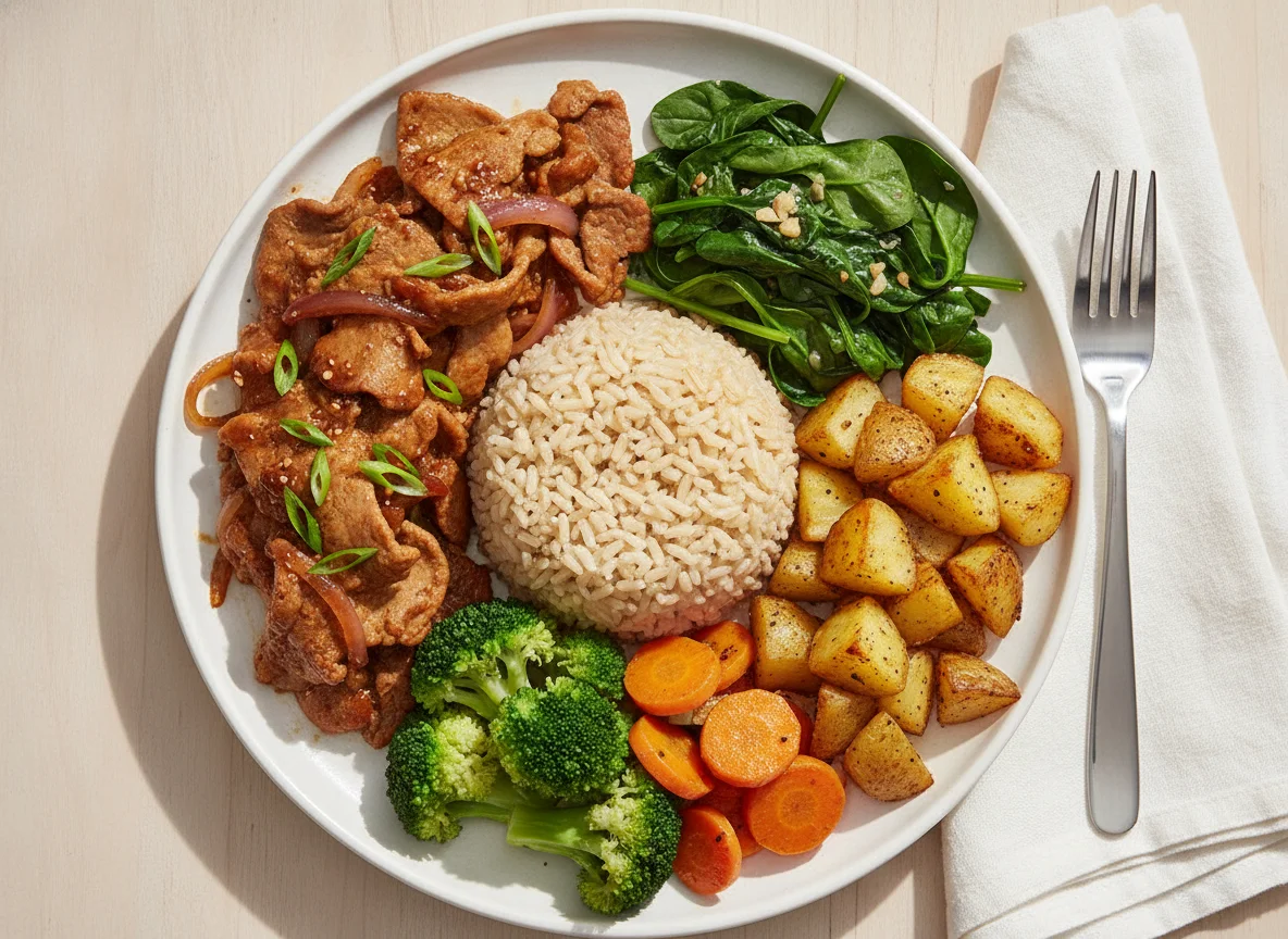 Stir-fried Pork with Brown Rice and Mixed Vegetables photo