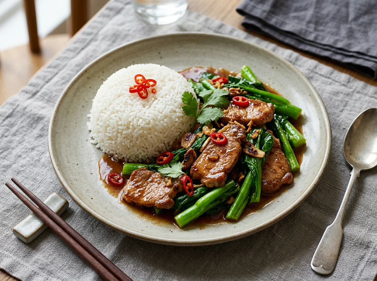 Stir-fried Pork with Chinese Broccoli and Rice photo