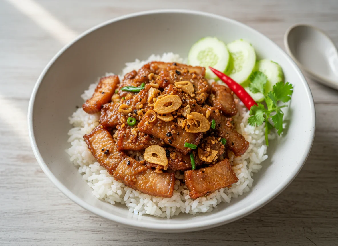 Stir-fried Pork with Garlic and Pepper on Rice photo