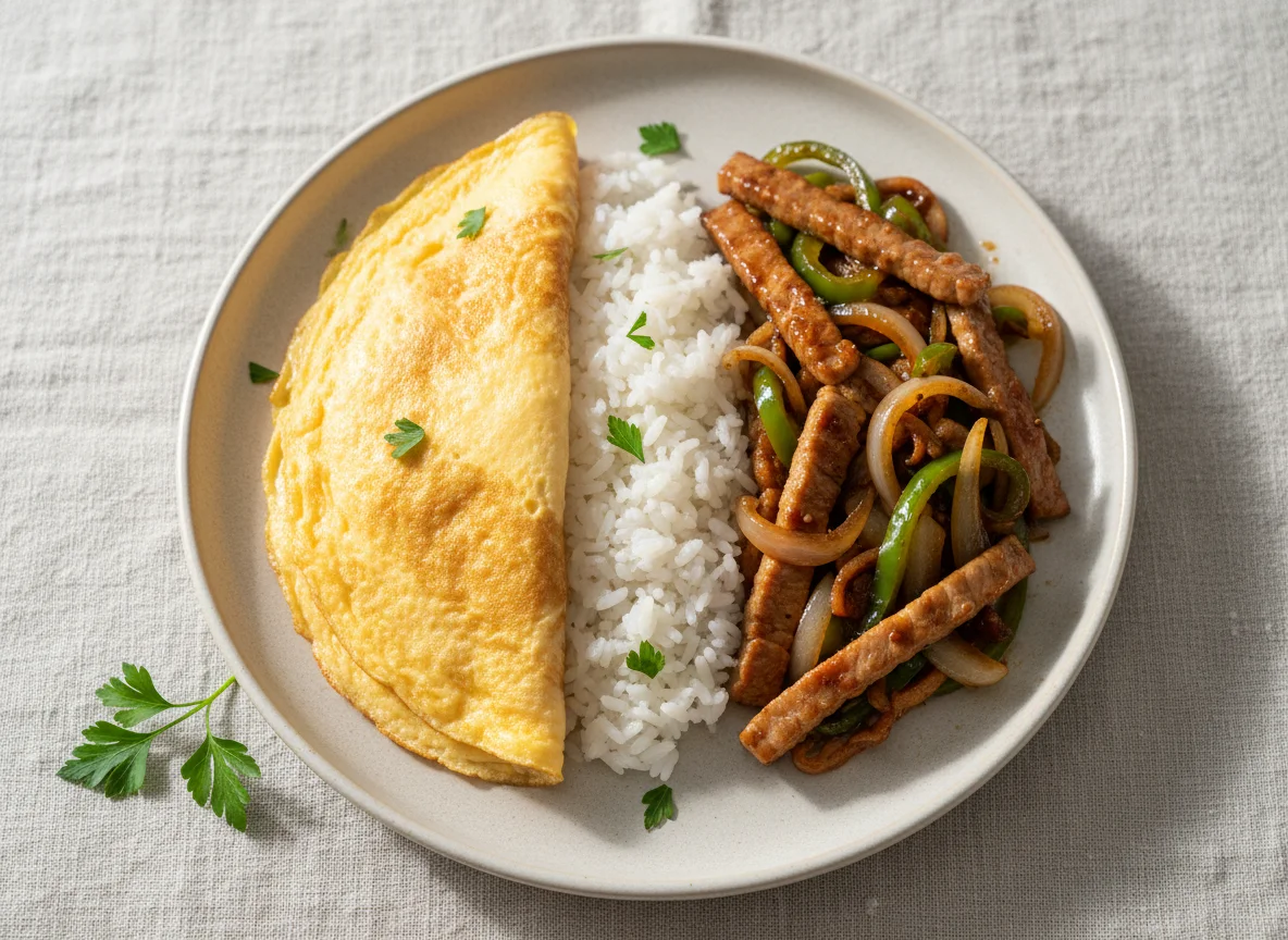 Stir-fried Pork with Green Pepper and Onion, Omelette, and Rice photo