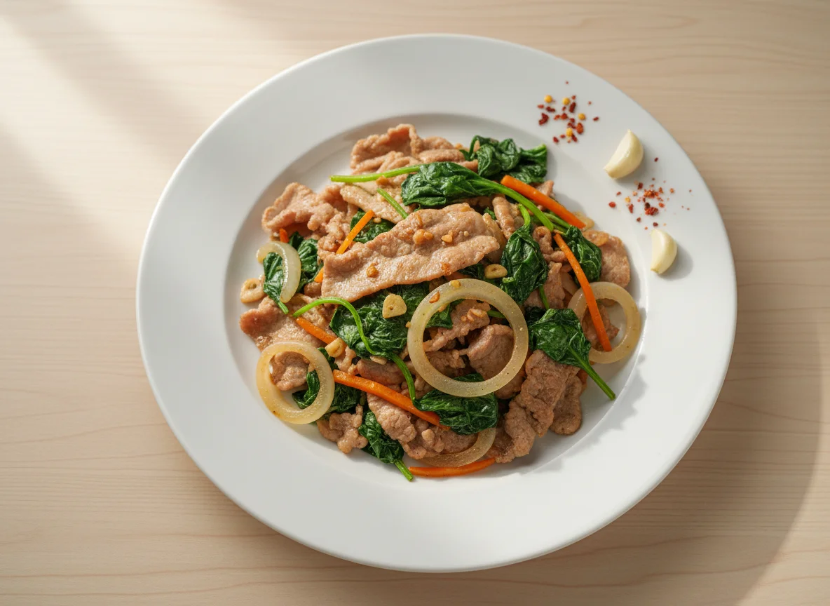 Stir-fried Pork with Spinach and Onions photo