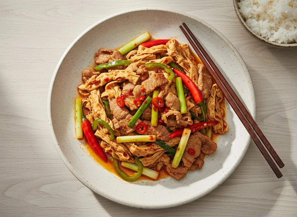 Stir-fried Pork with Tofu Skin and Scallions photo