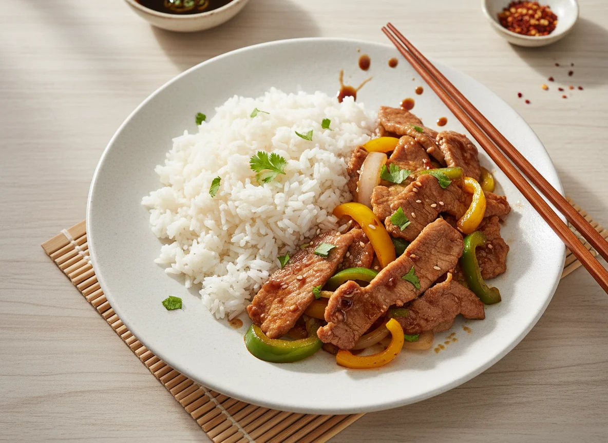 Stir-fried Pork with Vegetables and Rice photo