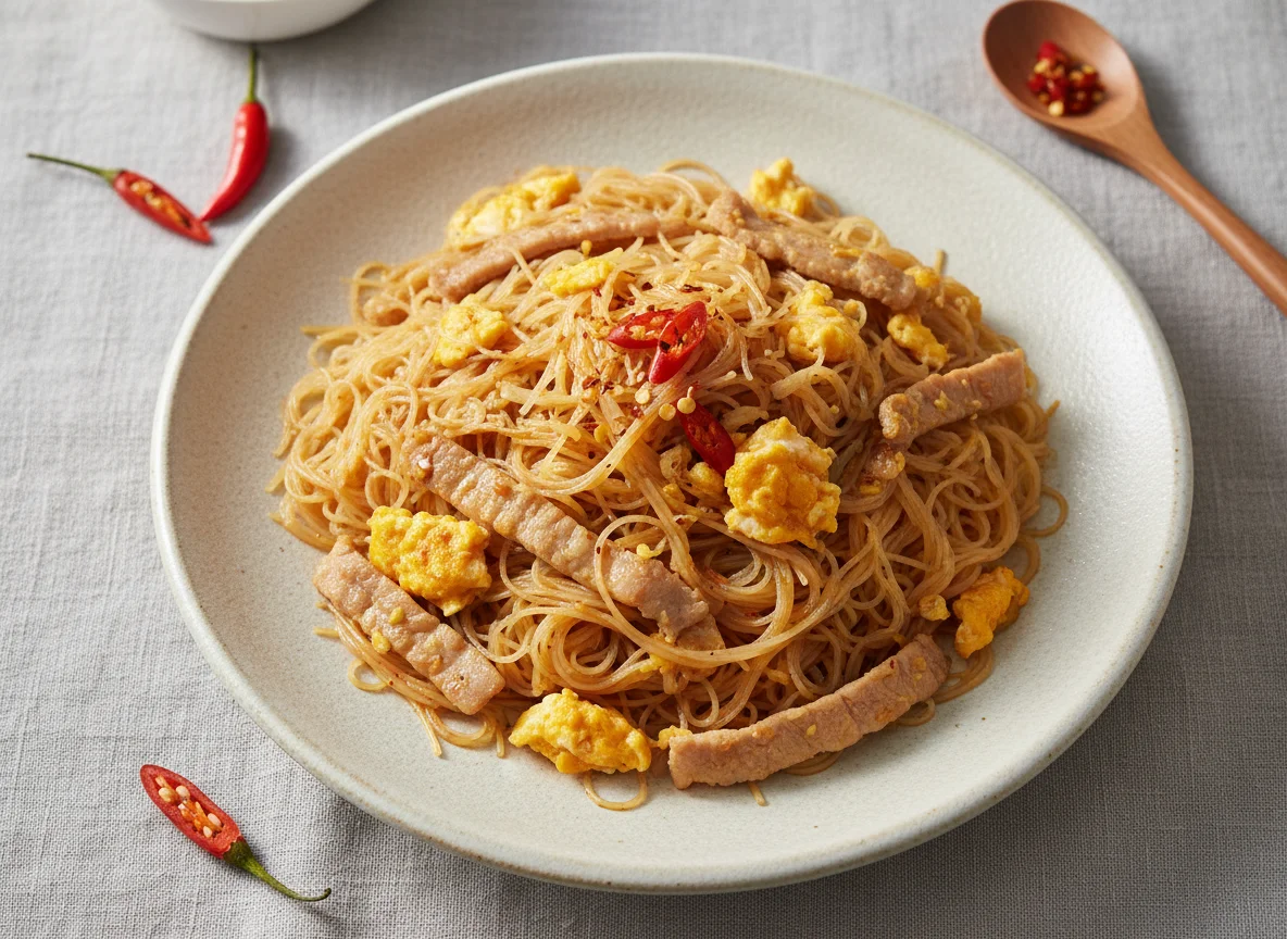 Stir-fried Rice Vermicelli with Pork and Egg photo