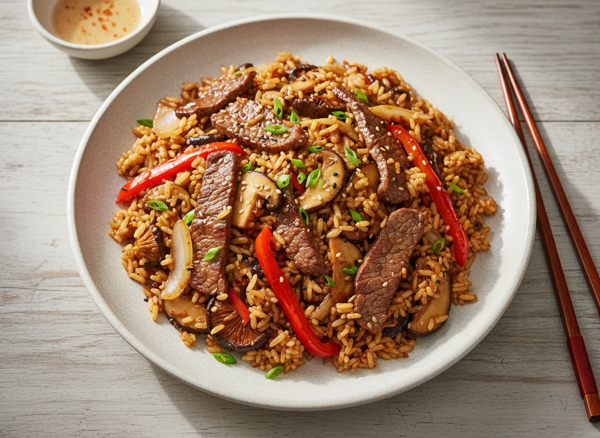 Stir-fried Rice with Beef and Mushrooms photo