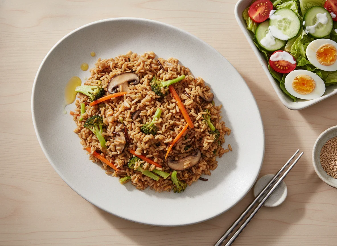 Stir-fried rice with vegetables and a side garden salad with egg photo