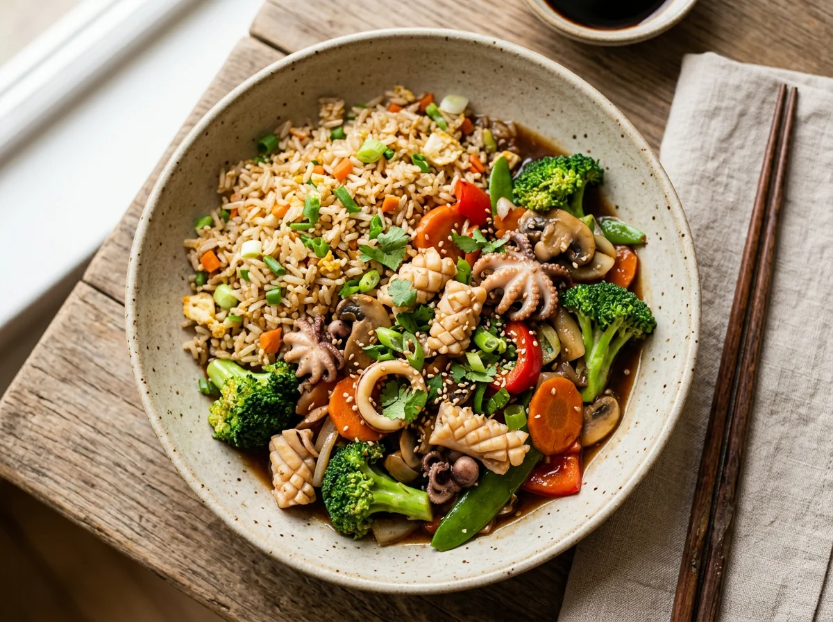 Stir-fried Seafood and Vegetables with Fried Rice photo