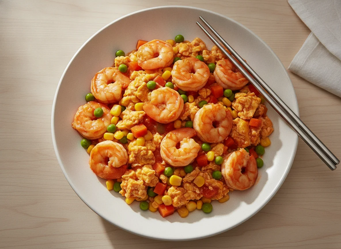 Stir-fried Shrimp with Scrambled Eggs and Mixed Vegetables in Tomato Sauce photo