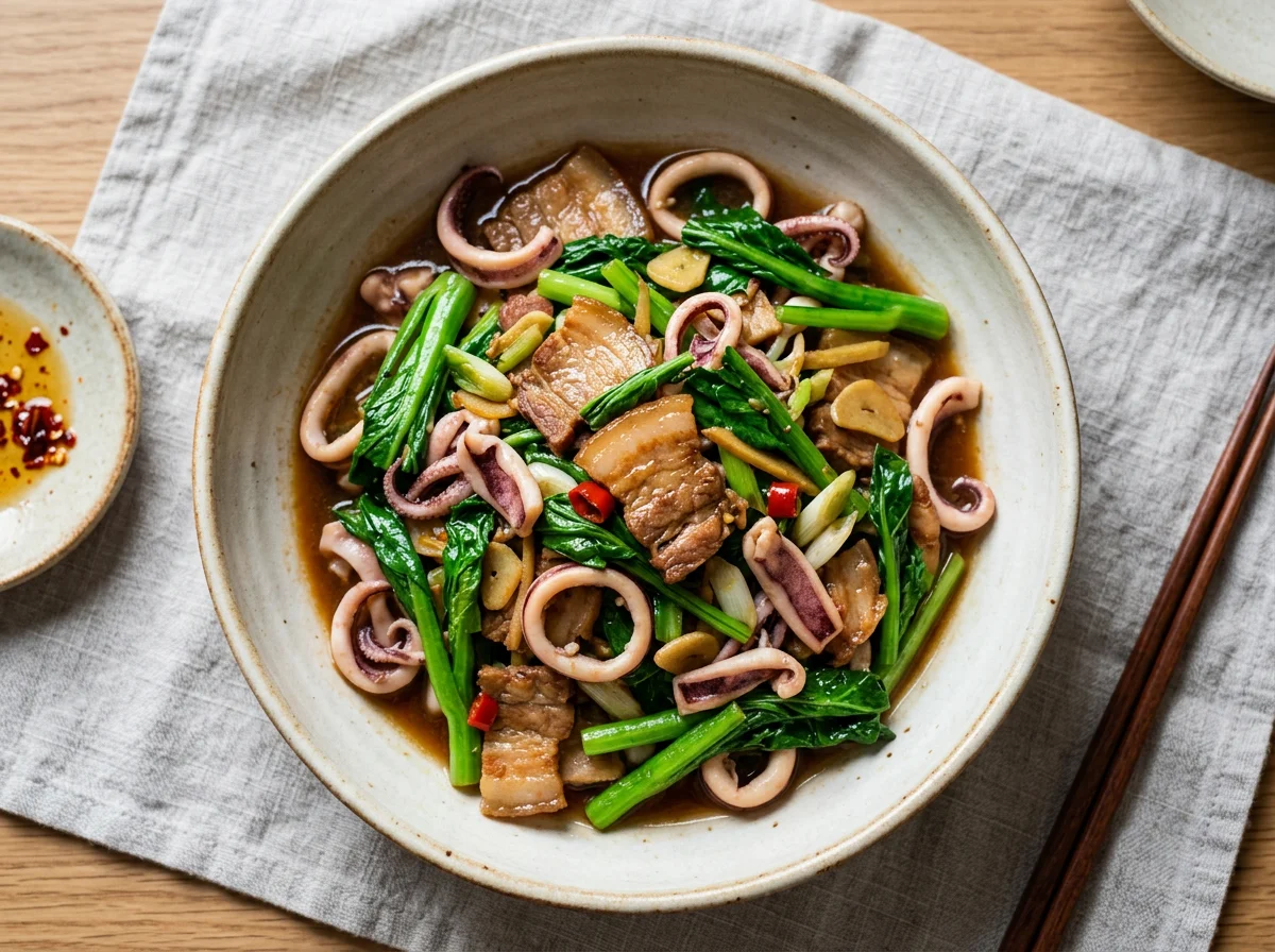 Stir-fried Squid and Pork with Choy Sum photo