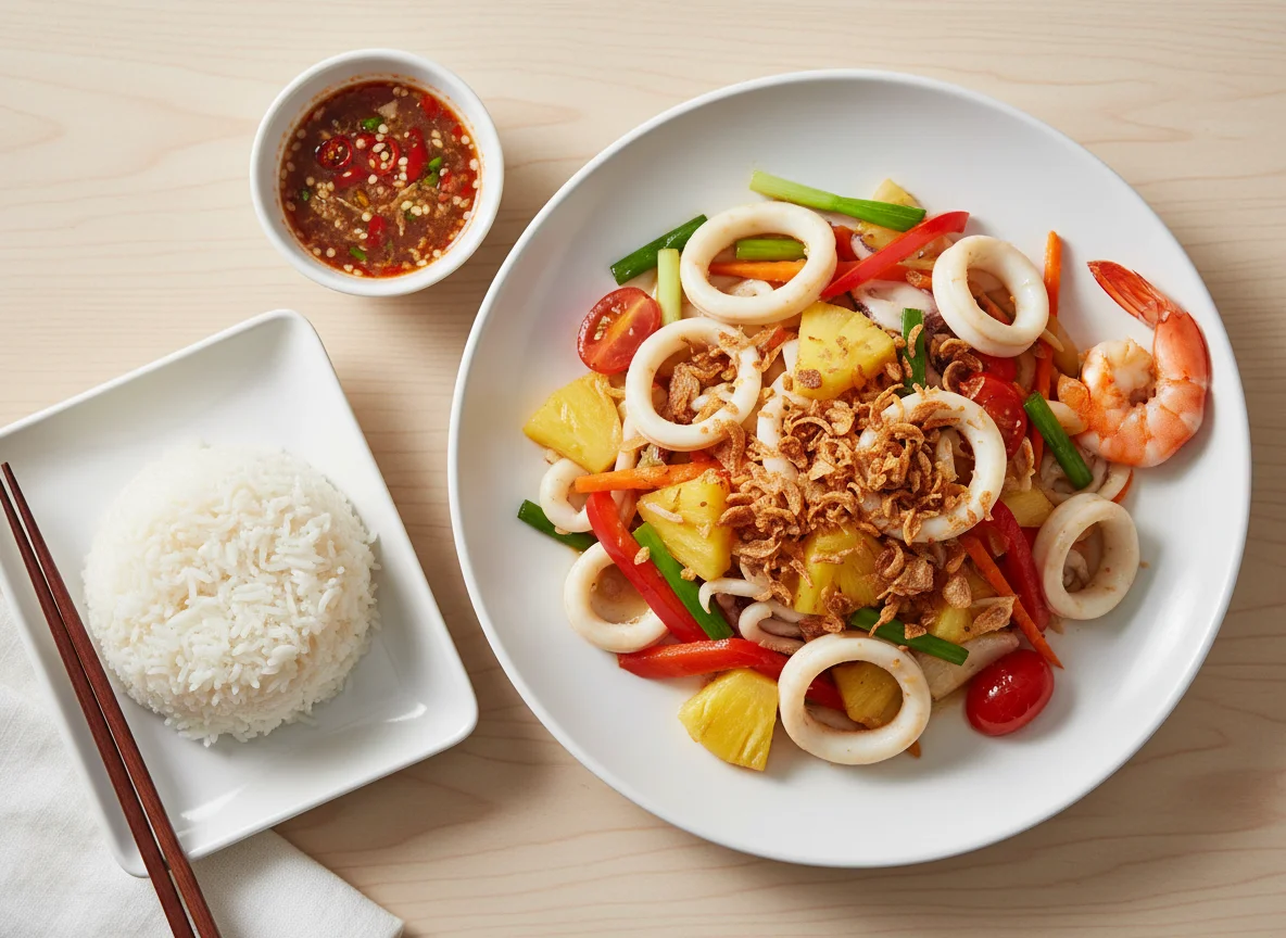 Stir-fried Squid with Pineapple and Vegetables photo