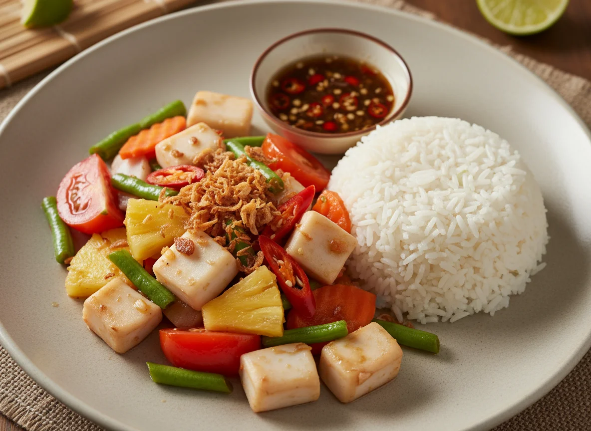Stir-fried Squid with Vegetables and Rice photo