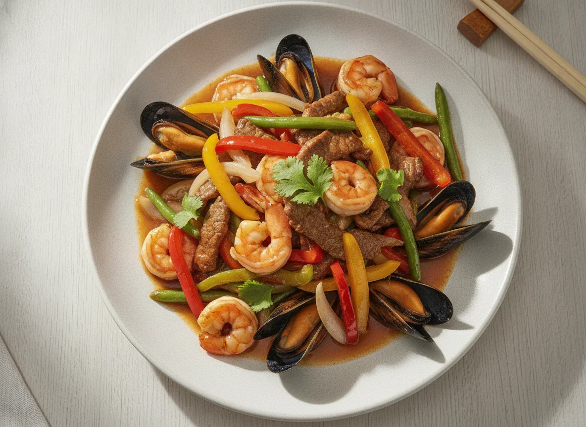 Stir-fried Surf and Turf with Vegetables photo