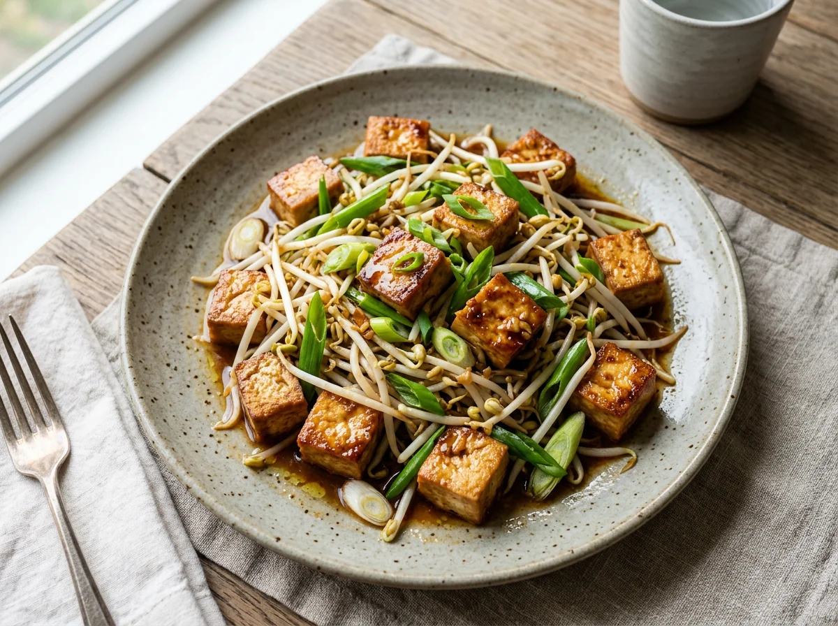 Stir-fried Tofu and Bean Sprouts with Scallions photo