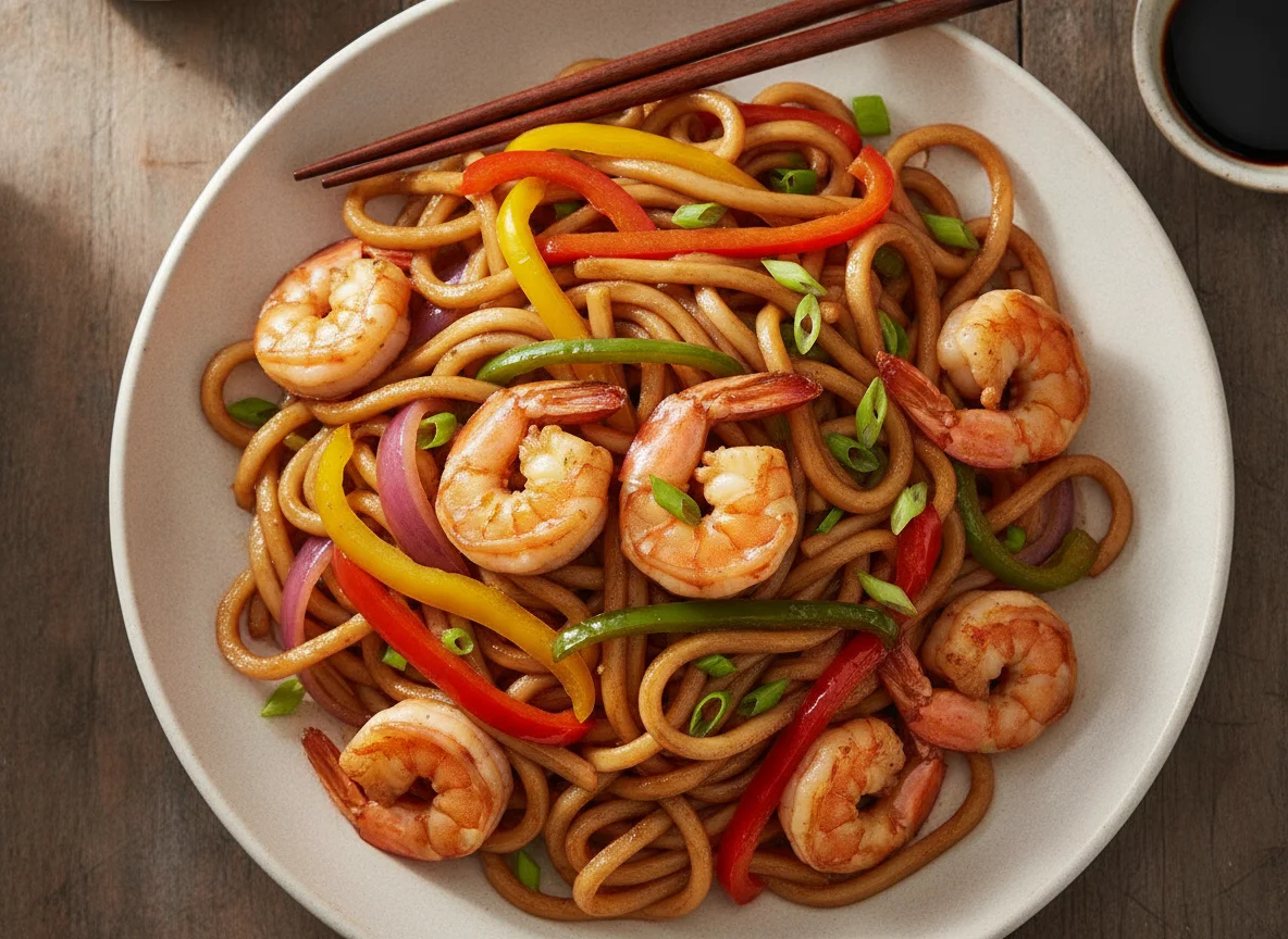 Stir-fried Udon Noodles with Prawns and Vegetables photo