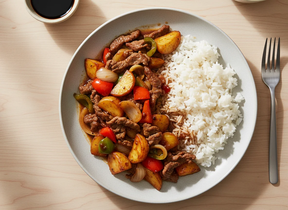 Stir-fried vegetables with beef and rice photo