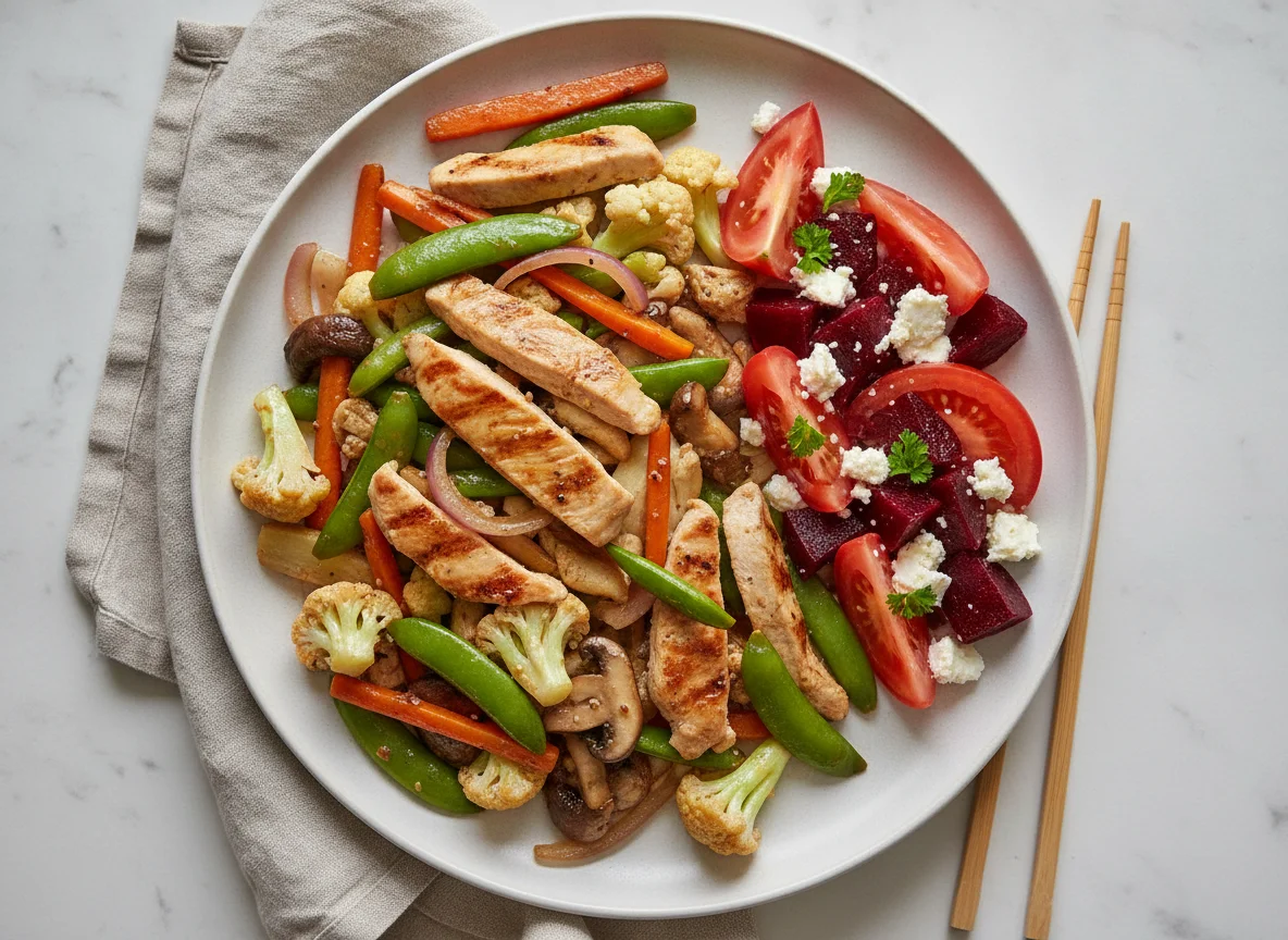 Stir-fried vegetables with chicken and side salad photo