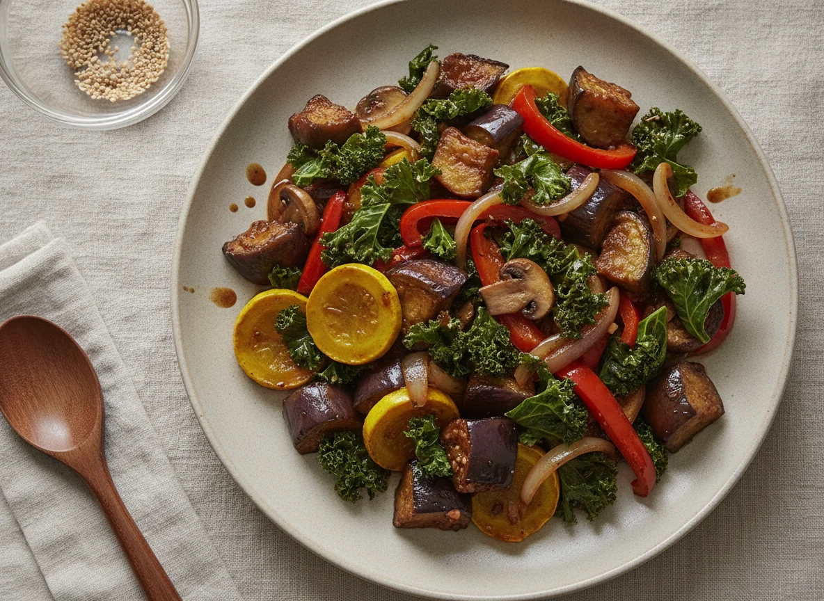 Stir-fried Vegetables with Eggplant and Kale photo