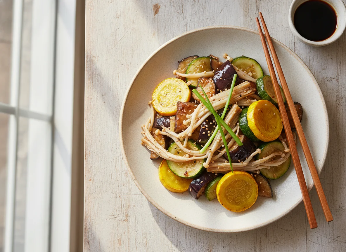 Stir-fried Vegetables with Enoki Mushrooms photo