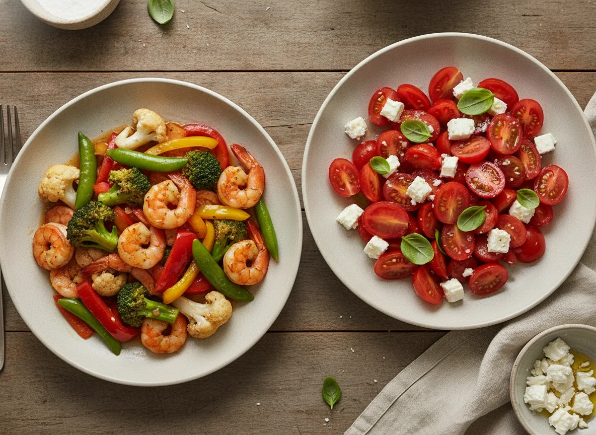 Stir-fried vegetables with shrimp and tomato feta salad photo