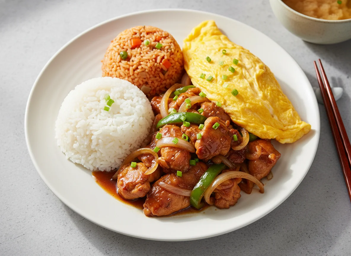 Stir-fry Chicken with Rice and Omelette photo