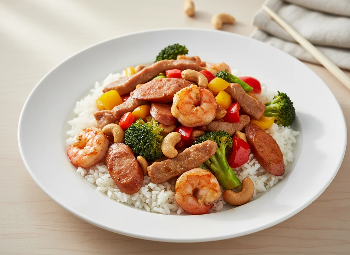 Stir-fry with Rice, Meat, Shrimp, and Vegetables photo