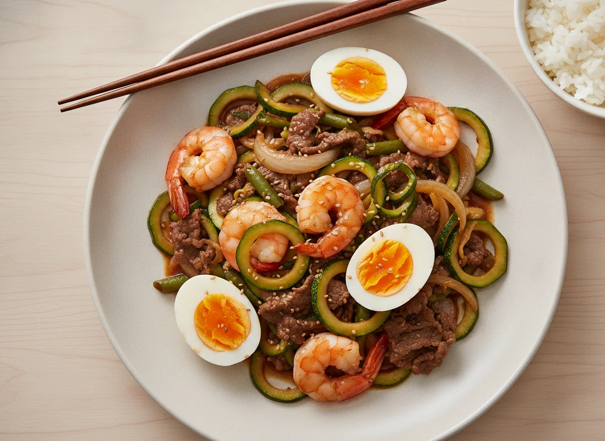 Stir-fry with Zucchini, Shrimp, Beef, and Hard-Boiled Egg photo