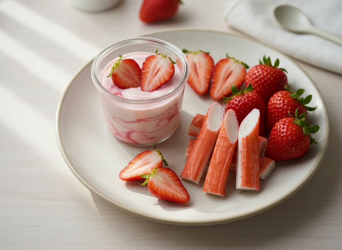 Strawberries, Yogurt, and Seafood Sticks photo