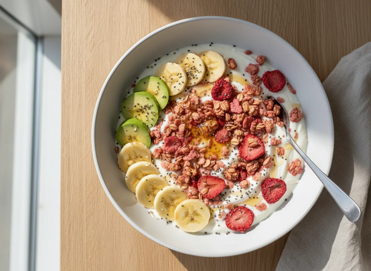 Strawberry Granola and Yogurt Bowl with Avocado and Banana photo