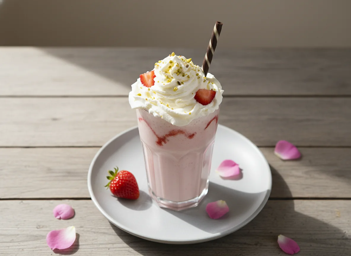 Strawberry Milkshake with Whipped Cream and Chocolate Stick photo