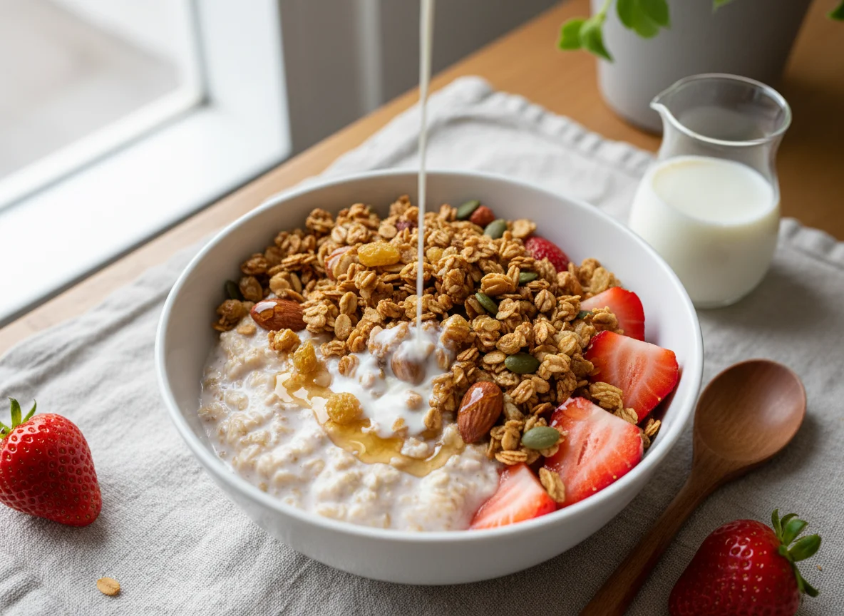 Strawberry Overnight Oats with Granola and Milk photo