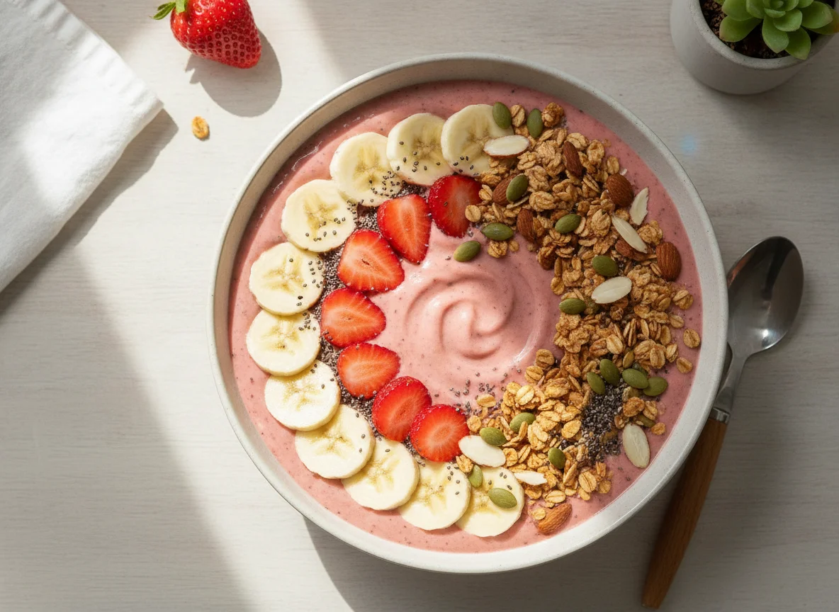 Strawberry Smoothie Bowl with Granola and Fruits photo