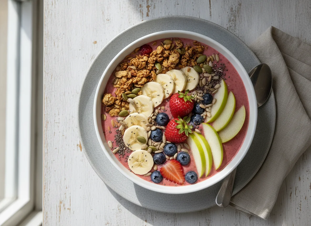 Strawberry Smoothie Bowl with Granola and Seeds photo
