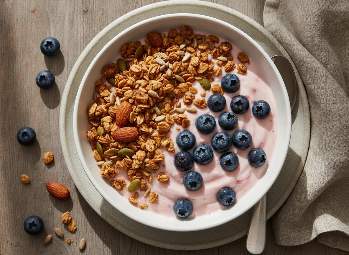 Strawberry yogurt with granola and blueberries photo