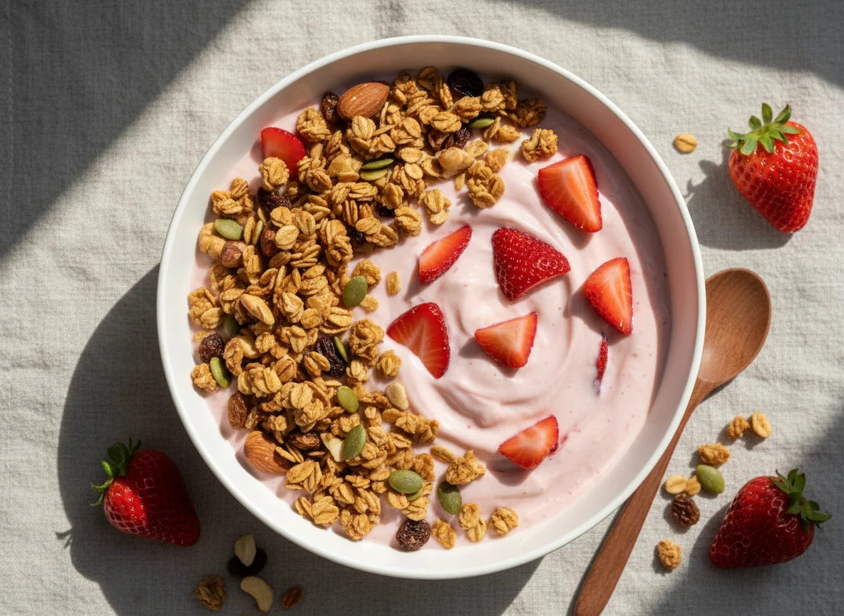 Strawberry Yogurt with Granola and Nuts photo