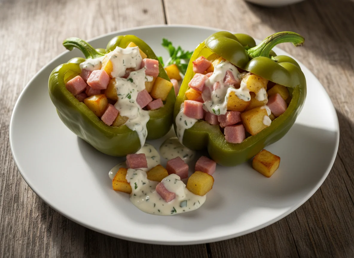 Stuffed Bell Pepper with Ham, Potatoes, and Creamy Sauce photo