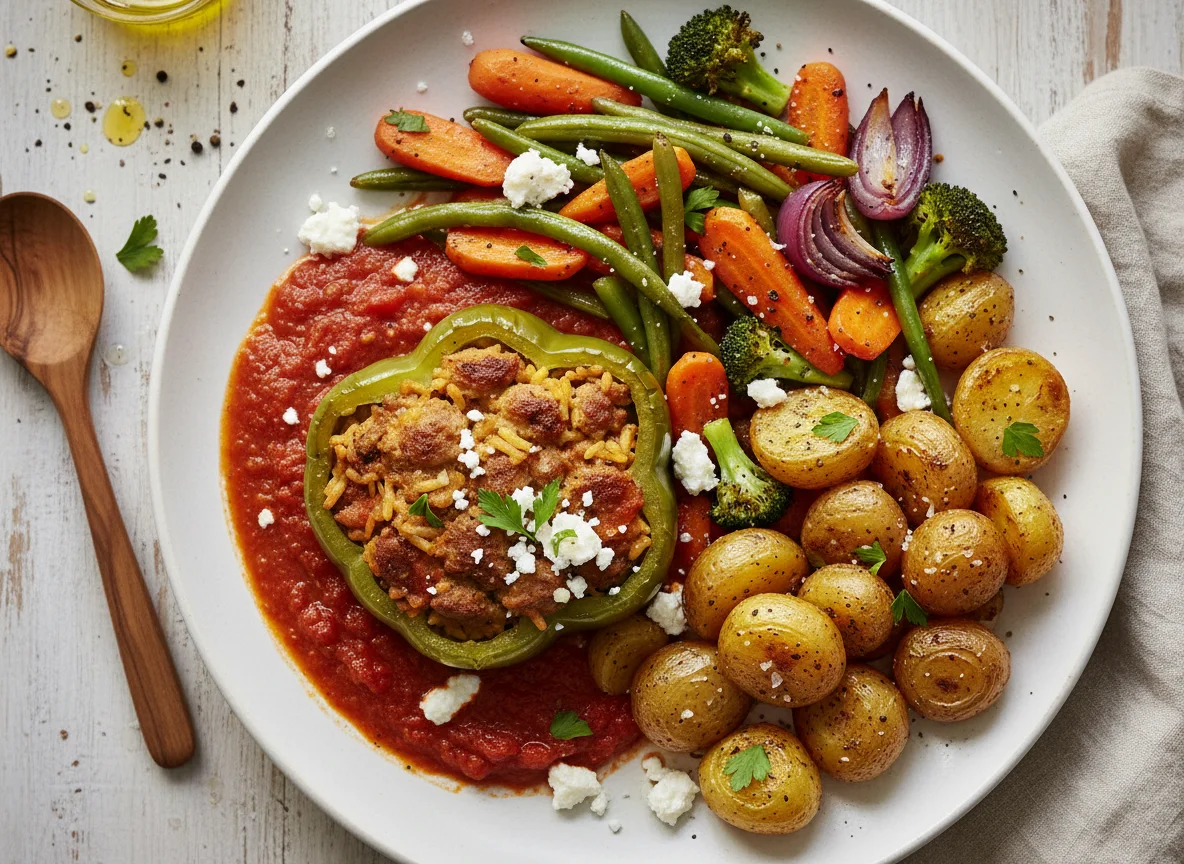 Stuffed Bell Pepper with Roasted Vegetables and Potatoes photo