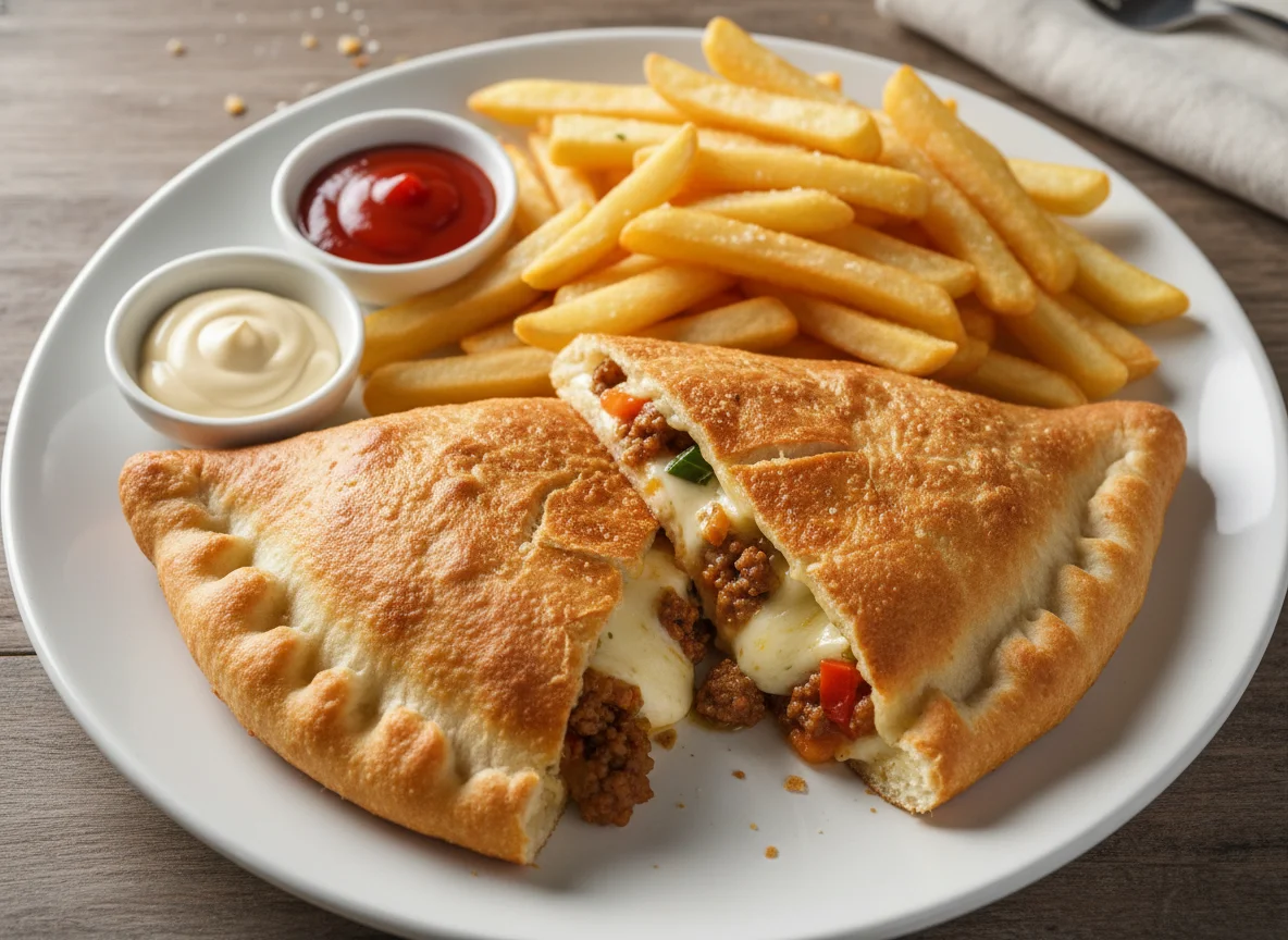 Stuffed Bread with Fries and Sauces photo