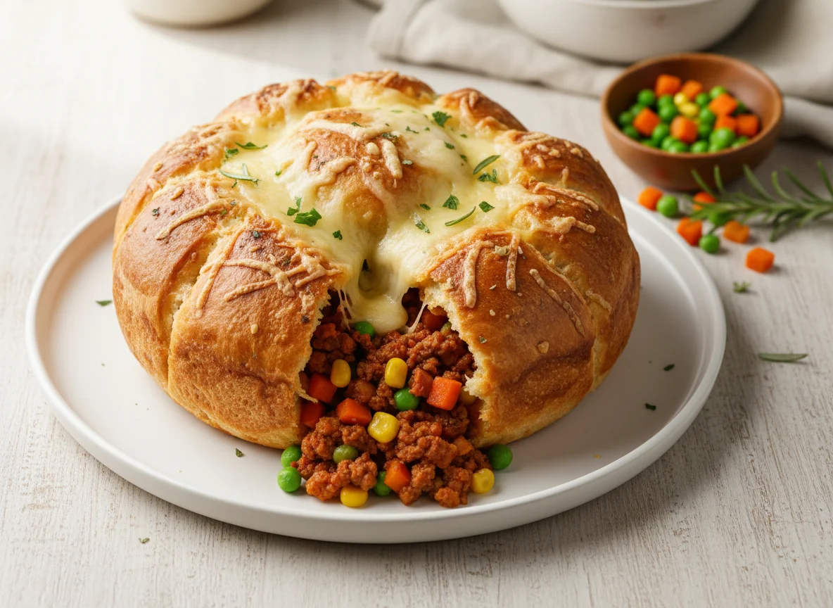 Stuffed Bread with Minced Meat and Vegetables photo