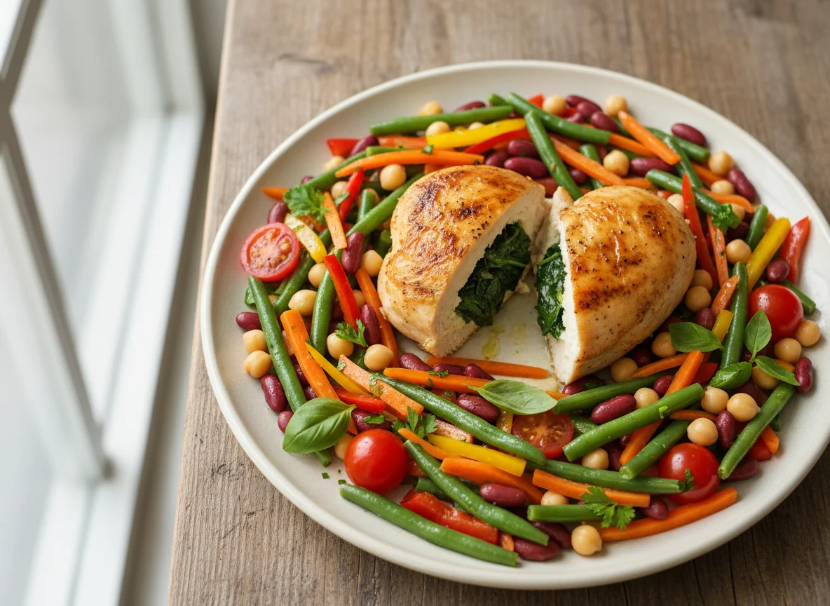 Stuffed Chicken Breast with Bean and Vegetable Salad photo