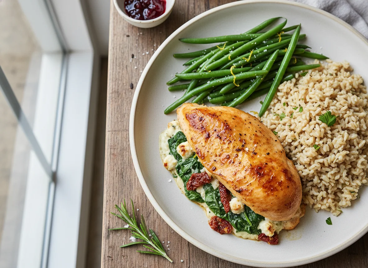 Stuffed Chicken Breast with Green Beans and Brown Rice photo