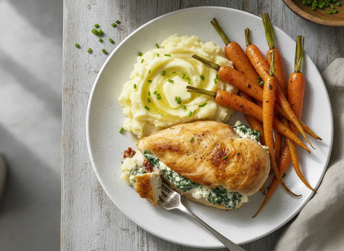 Stuffed Chicken Breast with Mashed Potatoes and Carrots photo