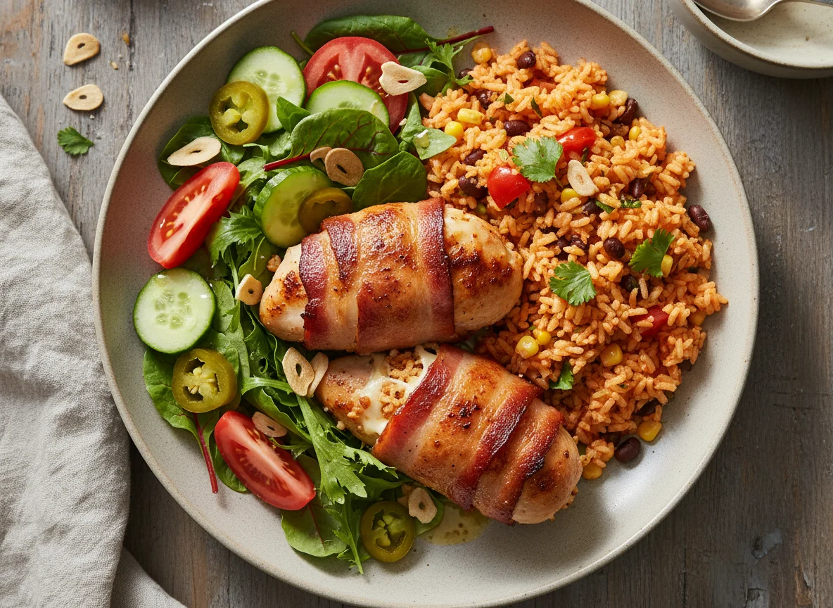 Stuffed Chicken with Mexican Rice and Salad photo