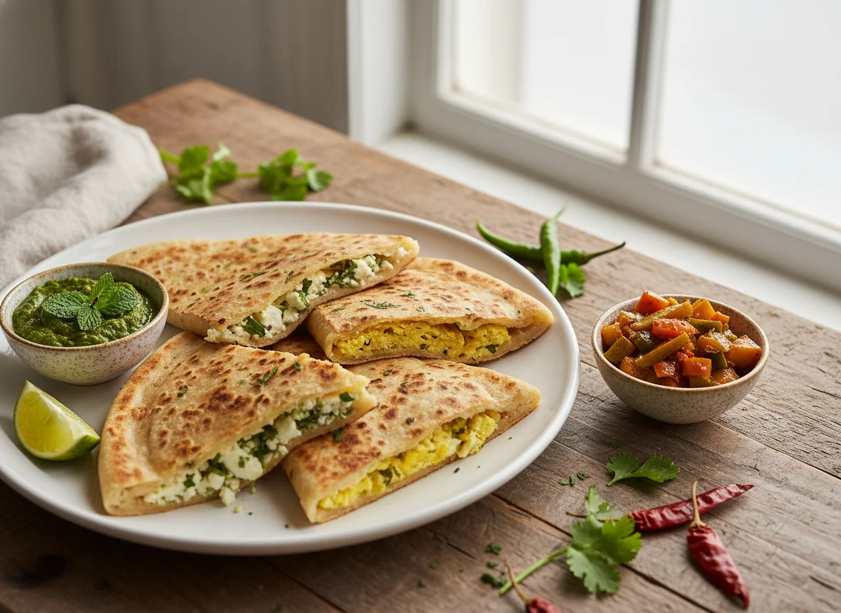 Stuffed Paratha with Chutney and Pickle photo