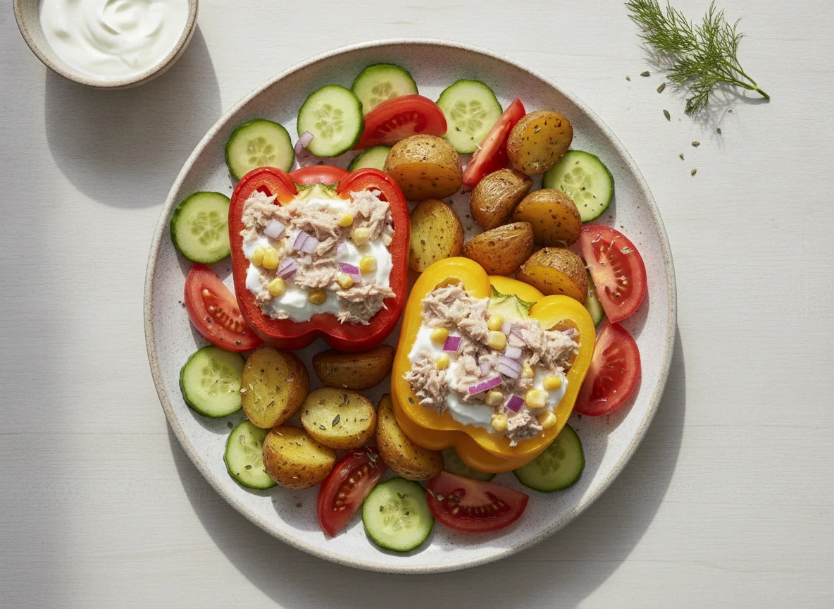 Stuffed peppers with bonito and Greek yogurt salad photo