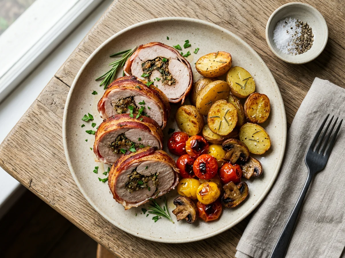 Stuffed Pork Loin with Roasted Potatoes and Vegetables photo