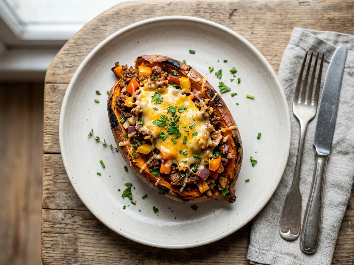 Stuffed Sweet Potato with Minced Meat and Cheese photo