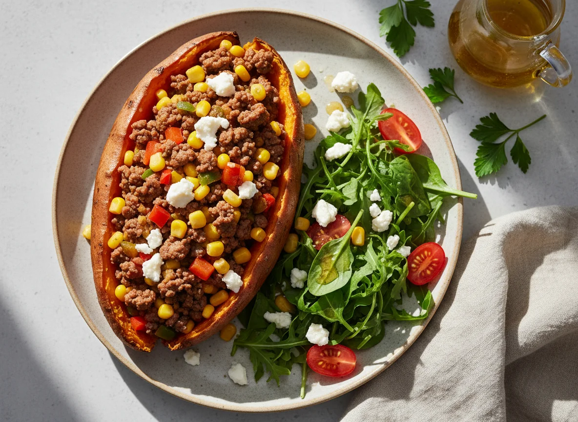 Stuffed Sweet Potato with Minced Meat and Feta photo