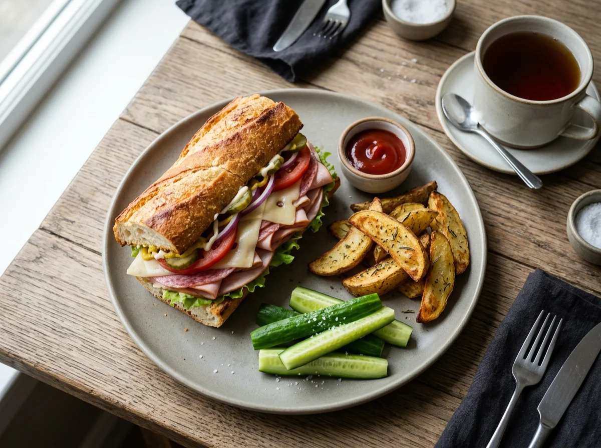 Submarine sandwich with potato wedges and cucumber photo