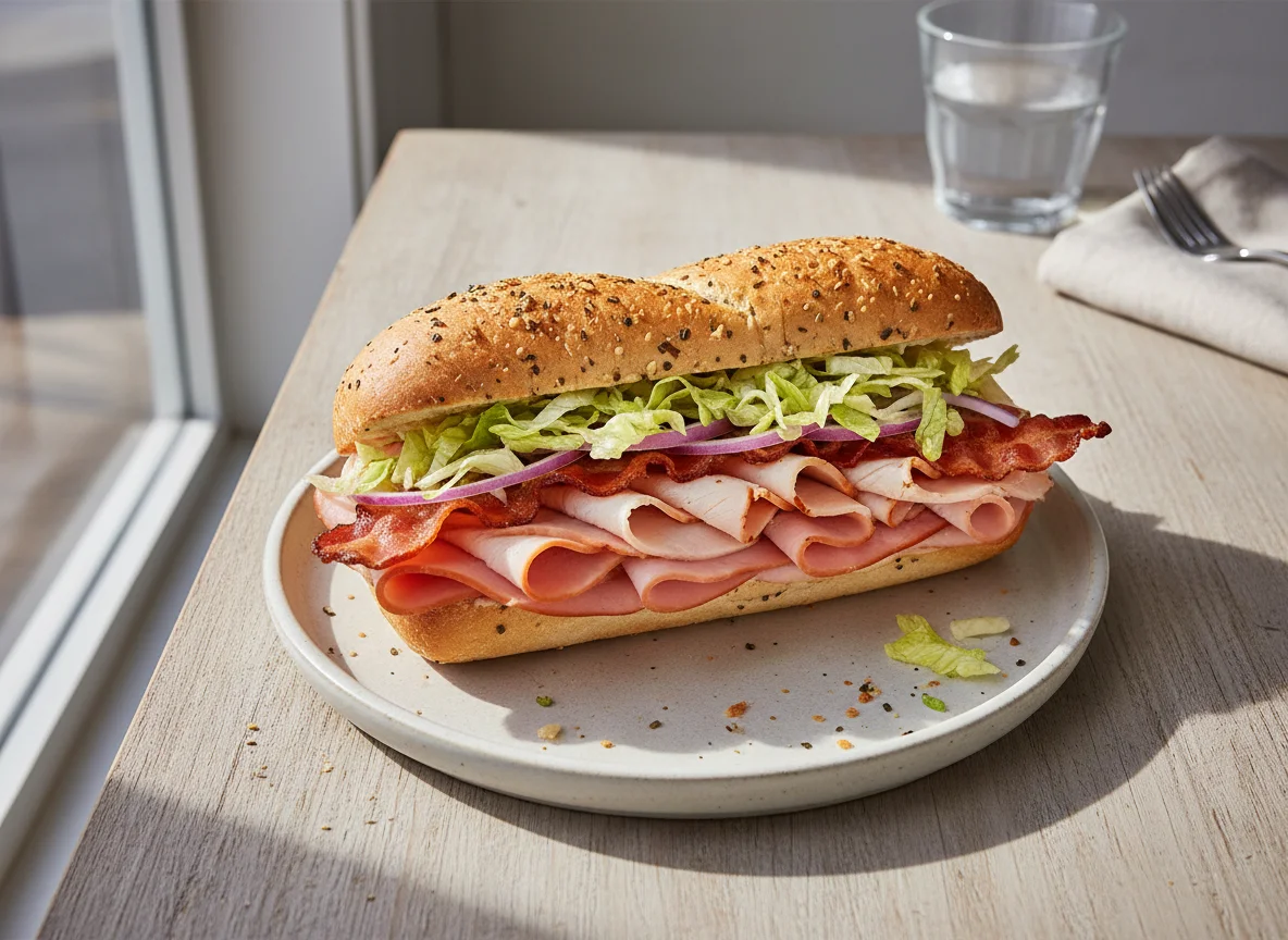 Subway Sandwich with Ham, Turkey, Bacon, and Vegetables photo